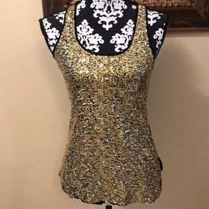 WYL Gold disc sequins front embellished, solid, soft black racer back tank